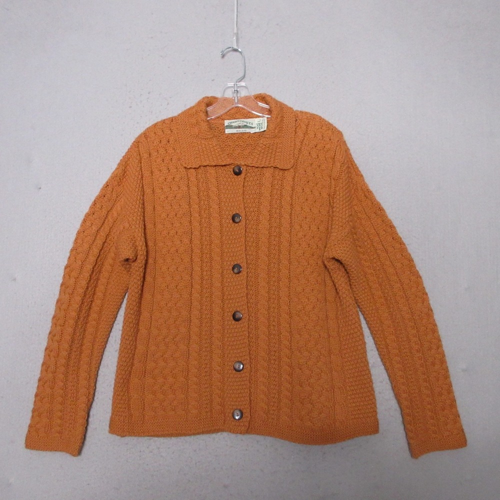 Aran Crafts Cardigan Large Orange Merino Wool Cable Knit Fisherman Ireland VTG